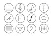 © Valentyna - Musical Notation Icons. Line style round icons of musical notation: staff, treble clef, eighth note, rest; slide, chord symbol,