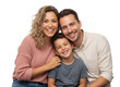 © Napapon - Radiant family portrait, cheerful parents embracing their son, sharing joy and love, promoting family values and togetherness for heartwarming moments