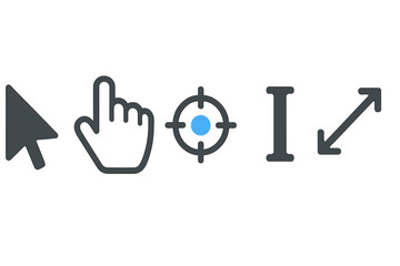 Essential computer interface cursors set: pointer, hand, target, text, and resize tools