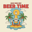 © Steven - A groovy retro cartoon bottle character mascot enjoying the summer sun on a tropical paradise island with palm trees