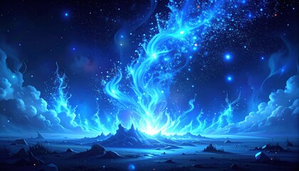 Wall Mural - Abstract blue light of stars and nebulae glow in the dark night sky