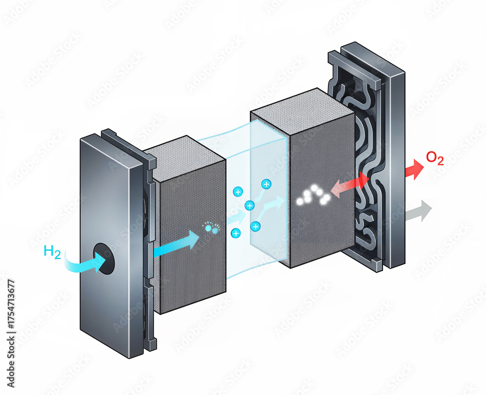 Fuel O2 Energy Exploded view diagram of a Fuel Cell Stack component, showing gas flow ...