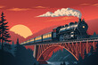 © vector - Steam train crossing a red bridge at sunset with pine trees.