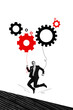 © deagreez - Vertical photo collage of happy guy wear formal suit businessman gears string fly control puppet robot isolated on painted background