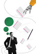 © deagreez - Vertical poster collage businessman boss think dilemma decide checkered paper sheets bubble opinion guess drawing background