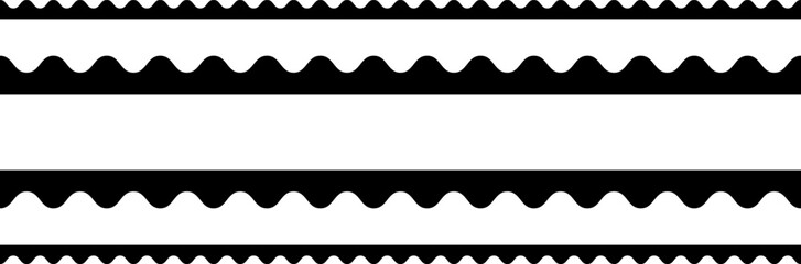 Circular edge seamless border shape set, scalloped border. Seamless vector marine wave decoration pattern isolated on white background.