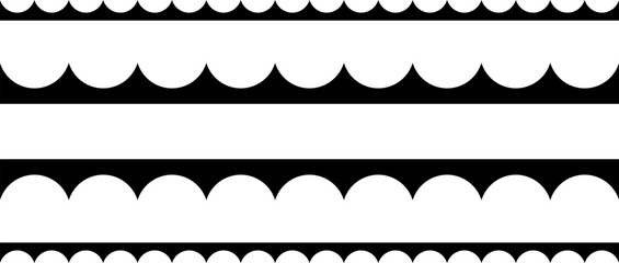 Circular edge seamless border shape set, scalloped border. Seamless vector marine wave decoration pattern isolated on white background.