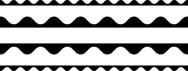 Circular edge seamless border shape set, scalloped border. Seamless vector marine wave decoration pattern isolated on white background.