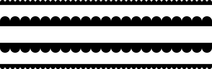 Circular edge seamless border shape set, scalloped border. Seamless vector marine wave decoration pattern isolated on white background.