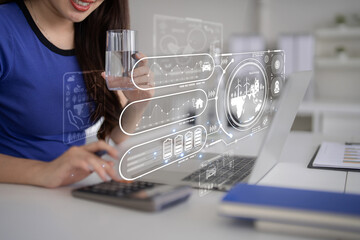 Wall Mural - Professional analyzes smart energy data using holographic interface on laptop planning sustainable resource management for environmental future