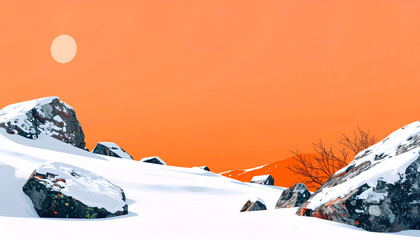 Wall Mural - Snowy Landscape with Orange Sky and Sun.