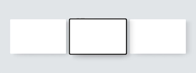 Wall Mural - Horizontal tablet mockup with blank white screens. Vector template for showcasing app designs, website layouts, and digital interface presentations