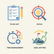 © Juli - 할 일 목록, 집중, 시간 관리, 목표 설정을 나타내는 아이콘 모음.