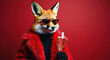 © miss irine - Stylish anthropomorphic fox wears a red fur coat and sunglasses, holding a champagne flute. This elegant animal celebrates a special occasion in a studio.