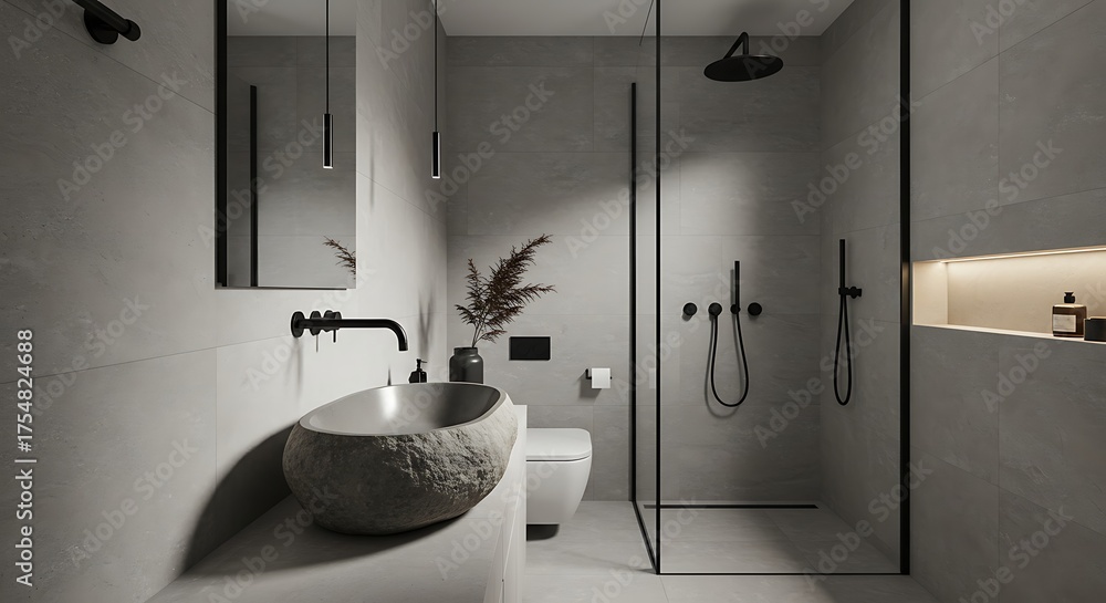 Minimalist Modern Bathroom Interior with Unique Stone Basin, Matte ... - Minimalist Modern Bathroom Fixtures