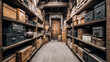 © The Origin 33 - Mysterious old storage room with dusty cardboard boxes and forgotten treasures on wooden shelves. dark, cluttered attic holding vintage items in warehouse aisle feeling nostalgic