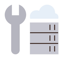 Wall Mural - Wrench next to a cloud server stack representing cloud computing, storage management, and system maintenance. Ideal for technology, IT support, networking, cloud solutions, data handling, system