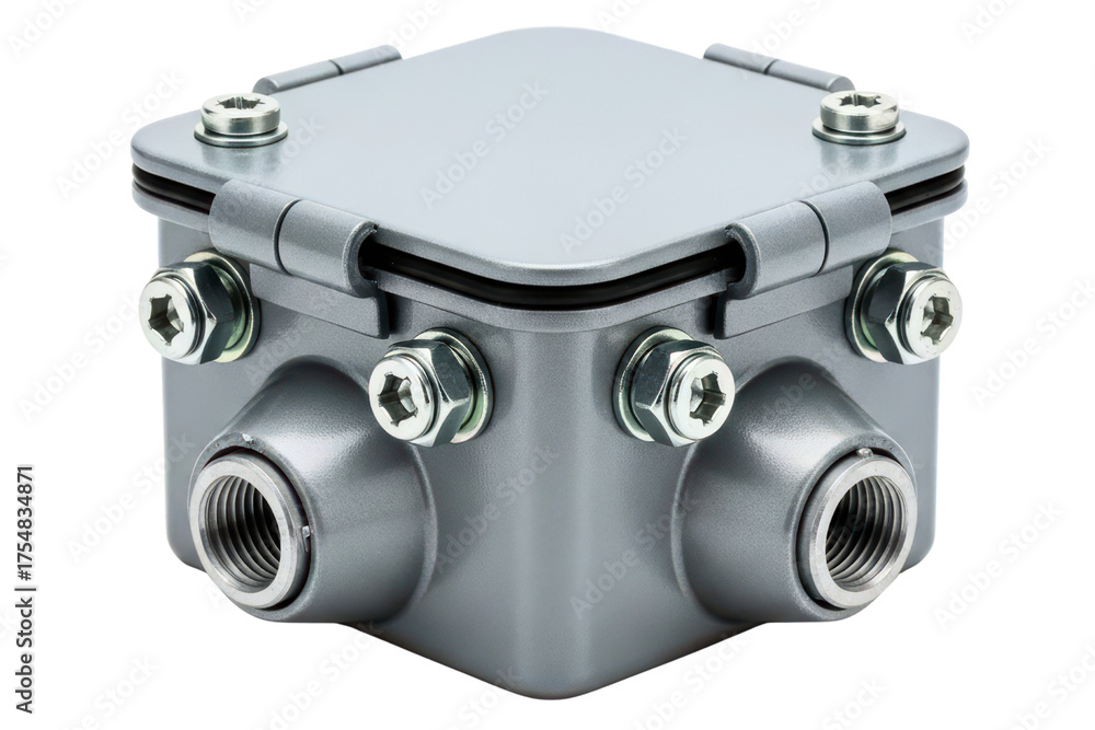 Weatherproof four-way industrial electrical conduit body box on a ...