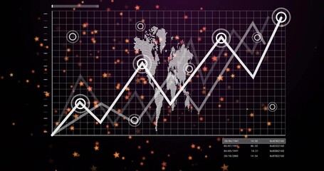 Wall Mural - Displaying futuristic data dashboard, featuring world map white line graph and orange particles