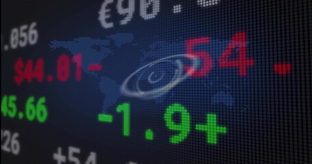 Wall Mural - Displaying financial data on office screen, with pixelated tickers, world map silhouette, swirl