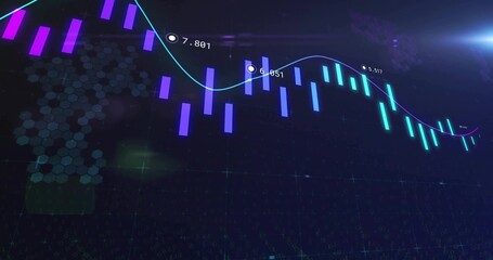 Wall Mural - Animating chart showing bars and line on dashboard, with labels over honeycomb and lens flare