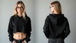© miss irine - Blond woman wearing black crop top hoodie. Female model in glasses posing in front and back view. Young adult in casual black clothing and jeans stands on gray background.