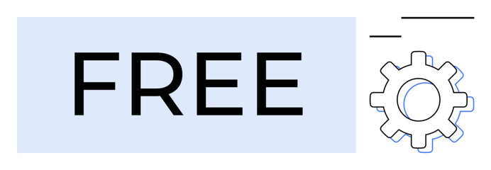 Word FREE in bold text next to a gear icon with sleek lines. Ideal for automation, accessibility, affordability, business tools, innovation, minimalism, digital technology simple flat metaphor