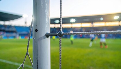 Close up of a soccer goalpost and net with a game in the background
