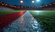 © miss irine - Wet football field line at night. Close up of the white line on wet green grass. Stadium lights create bokeh effect. Soccer game on sports arena.