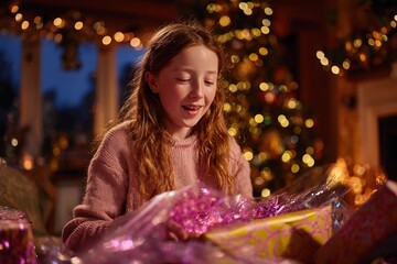 Wall Mural - Young girl excitedly unwraps Christmas gifts in a cozy living room filled with festive decorations and warm lights