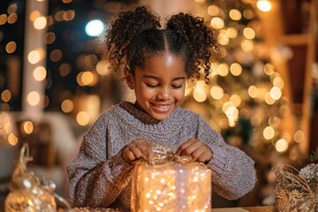Wall Mural - Joyful child opening a gift beside a beautifully decorated Christmas tree with warm lights during holiday season