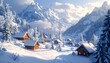 © Amelia - Snowy village nestled in a valley among snow-covered mountains and evergreen trees under a bright, cloudy sky