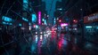 © Max Zabelenkov - Cracked Glass Panel Reflecting Neon City Lights with Raindrops and Blurred Urban Background at Night