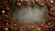 © Kakabe - An ornate frame surrounded by festive decorations, including shiny ornaments and greenery, set against a blurred background filled with glowing particles