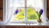A cozy window scene with white frame, sheer curtains, and colorful hyacinths in a ceramic pot. The window looks out to a sunny spring landscape