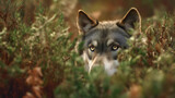 The intense eyes of a grey wolf watching from a green forest, a beautiful and powerful wild predator hiding in the bushes, a close-up portrait of a magnificent and dangerous animal.