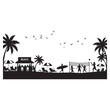 © Asia - Lively Beach Scene Silhouette - People Playing Volleyball, Surfing and Relaxing
