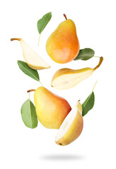 Wall Mural - Fresh pears and green leaves falling on white background