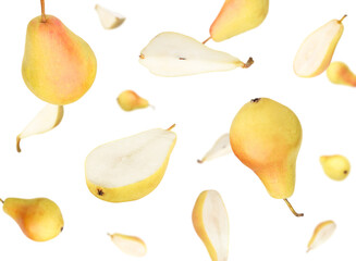 Wall Mural - Many fresh pears falling on white background