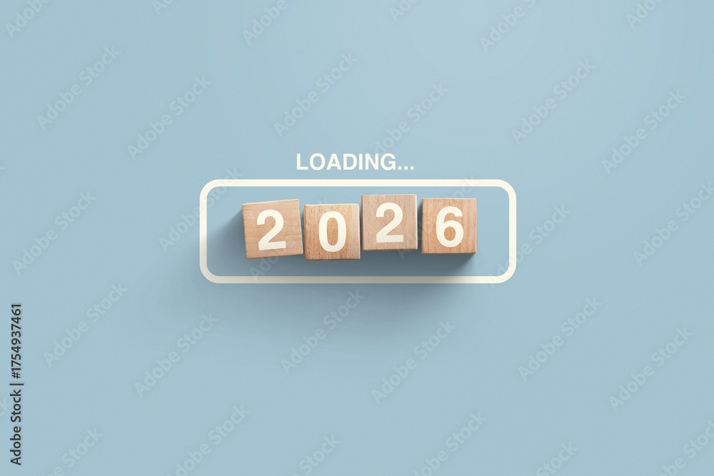 Loading 2026 Background 2026 New Year Loading. Loading bar with wooden blocks 2026 on blue ...