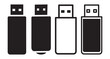 © Awan Stock  - Minimal black and white vector illustration of USB flash drive icons showing various simple designs. Perfect for digital storage, data transfer, and technology themes.
