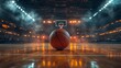 © RATAN - Basketball on court with hoop and stadium lights in background with smoke and blurred crowd