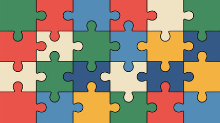 A colorful puzzle pattern featuring interlocking pieces in shades of green blue red yellow and beige tones