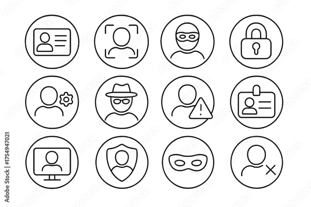 Identity Protection Icons. Line style round icons of identity ...
