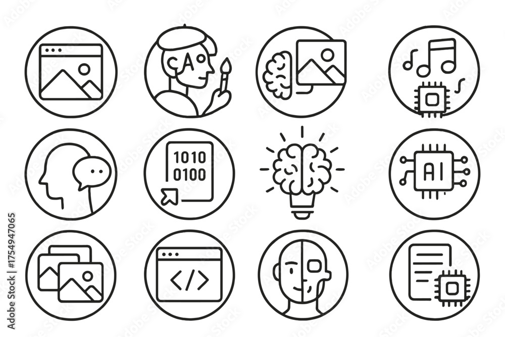 Generative AI Icons. Line style round icons of generative AI: image ...