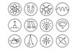 © Vitalii - Physics Energy Icons. Line style round icons of physics and energy: atom model, magnet icon, circuit board, wave pattern; force