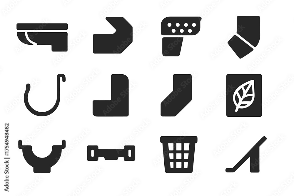 Gutter System Icons. Solid style icons of Gutter System: roof gutter ...