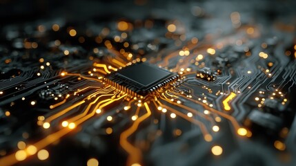 Canvas Print - Close-Up of Futuristic Quantum Computer Chip on Circuit Board