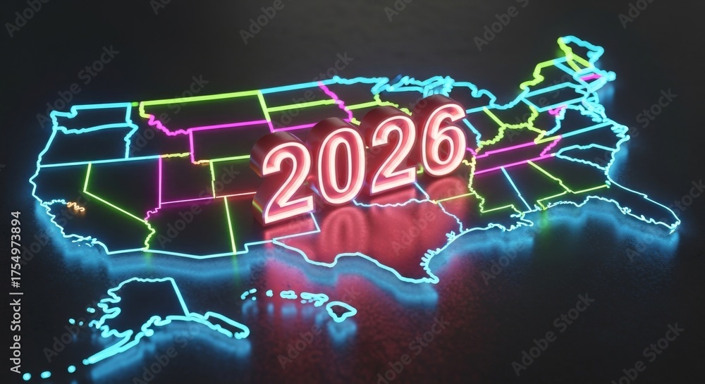 United States Map With The Year 2026 Neon Of The United 1000 F 1754973894 