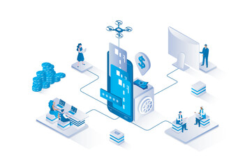 Wall Mural - Mobile banking 3d isometric concept with isometry people design for web. People paying for purchases with credit cards, using mobile app for savings management and income account. Vector illustration.